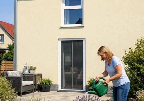 Fliegengitter-Lamellentür für Terrasse und Garten Frau gießt Pflanzen im Garten vor einer Terrassentür mit Fliegengitter-Lamellenvorhang