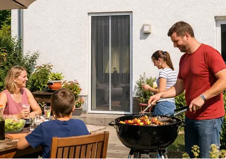 Insektenschutz für Terrassentüren beim Grillen und Zusammensitzen im Garten Familie beim Grillen auf der Terrasse vor einer Tür mit Insektenschutzgitter